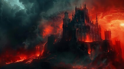 ominous demon castle in fiery hell landscape dark fantasy and horror concept evil and sinister architecture digital painting illustration - obrazy, fototapety, plakaty