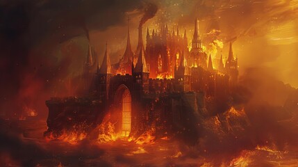 ominous demon castle in fiery hell landscape dark fantasy and horror concept evil and sinister architecture digital painting illustration