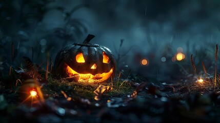 ominous pumpkin glowing in the darkness spooky halloween scene eerie lighting digital art - obrazy, fototapety, plakaty