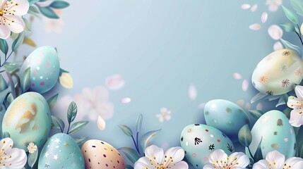 pastel easter holiday background with painted eggs and spring flowers festive illustration