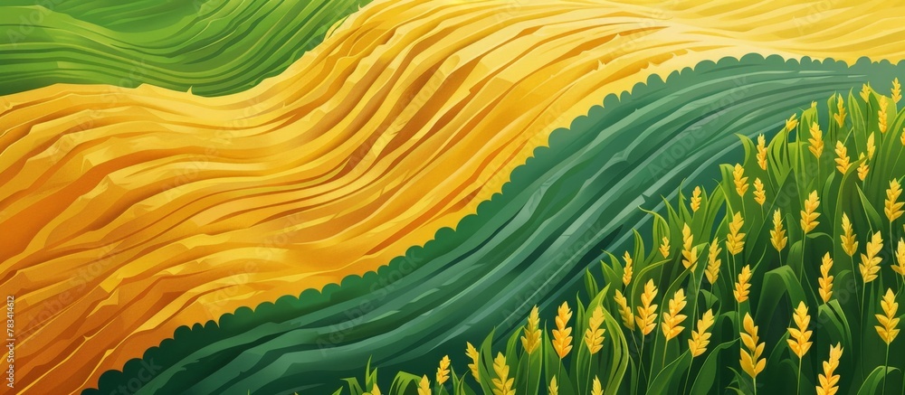 Poster field filled with golden wheat intersected by a lively green wave, creating a beautiful scene of nat