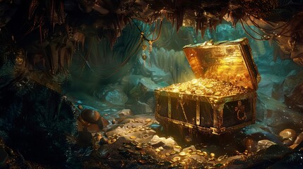 pirate treasure chest overflowing with gold and jewels in a dark cave digital illustration