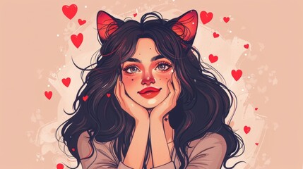 playful young woman with cat ears whimsical halloween or valentines day illustration - obrazy, fototapety, plakaty