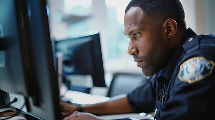 police officer entering suspects personal data into computer database law enforcement technology side view in office