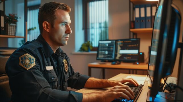 police officer entering suspects personal data into computer database law enforcement technology side view in office