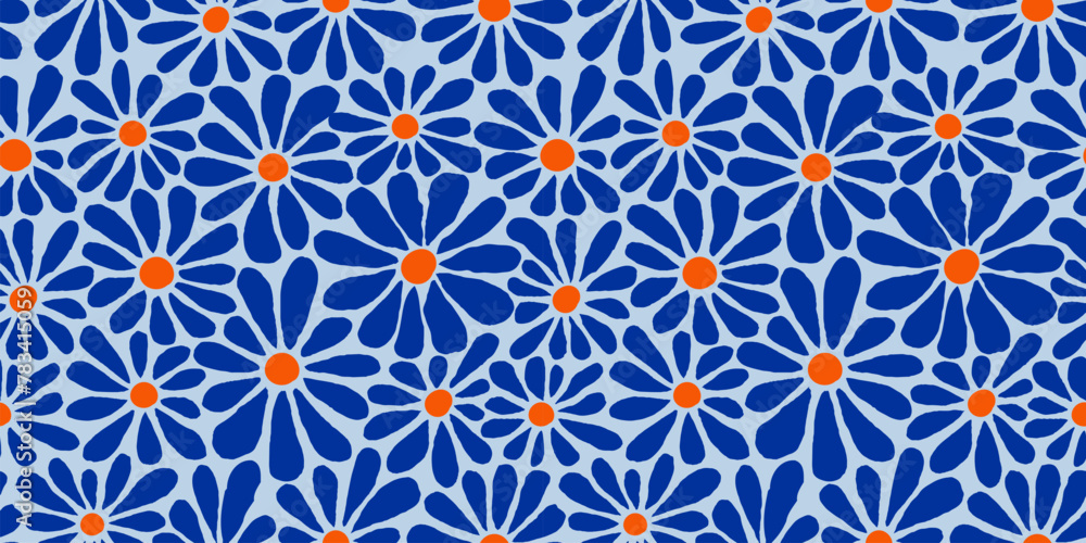 Aufkleber decorative blue seamless pattern with daisy flowers. vector floral groovy bg. abstract retro backgro