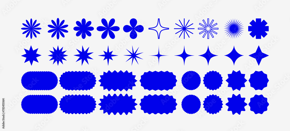 Wall mural Minimalist Vector Geometric Shapes Set. Modern Decorative Symbols, Labels, Logos and Icons. Stars, Flowers and Circles with Zig Zag Edge