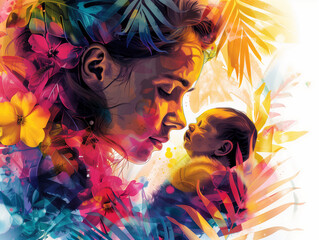 Amour maternel : une femme enlace son nourrisson, câlin entre maman et bébé, bonheur de la rencontre avec son enfant, illustration nature et colorée
