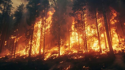 raging forest fire consumes trees in catastrophic inferno dangerous flames and smoke disaster concept - obrazy, fototapety, plakaty
