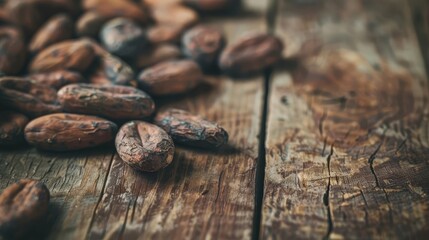 raw cocoa beans scattered on rustic wooden table harvested cocoa concept moody food photography - obrazy, fototapety, plakaty