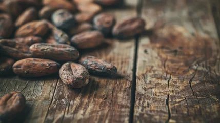 Deurstickers raw cocoa beans scattered on rustic wooden table harvested cocoa concept moody food photography © Bijac