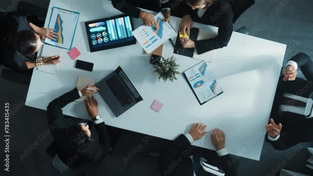 Poster top down aerial view of smart businessman use vr headset to enter virtual world at meeting while div
