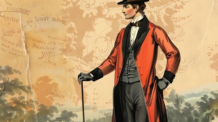 regency era gentleman wearing top hat suit vest and long jacket vintage fashion illustration
