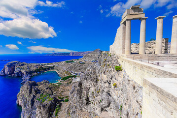 Lindos, Rhodes island: Overview of Temple of Athena Lindia in a sunny day, Dodecanese Islands - obrazy, fototapety, plakaty