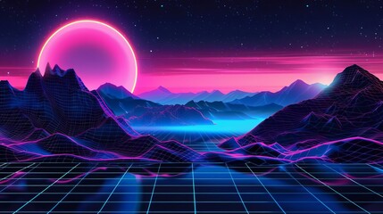 retro 80s synthwave neon grid landscape with sun and mountains futuristic digital illustration