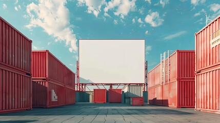Red cargo containers with empty blank text for advertising mockup template on crane in depot warehouse with sky background. Business industrial and transportation concept.