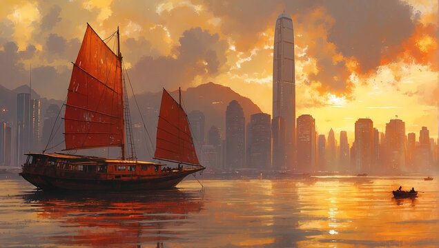 decrepit old Chinese junk sailing ship with colorful painted sails sailing ship in Hong Kong harbor at sunset