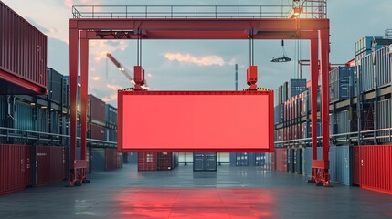 Red cargo containers with empty blank text for advertising mockup template on crane in depot warehouse with sky background. Business industrial and transportation concept.