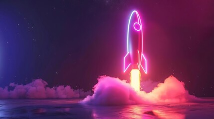 rocket launch with neon lights in night sky startup business concept 3d illustration - obrazy, fototapety, plakaty
