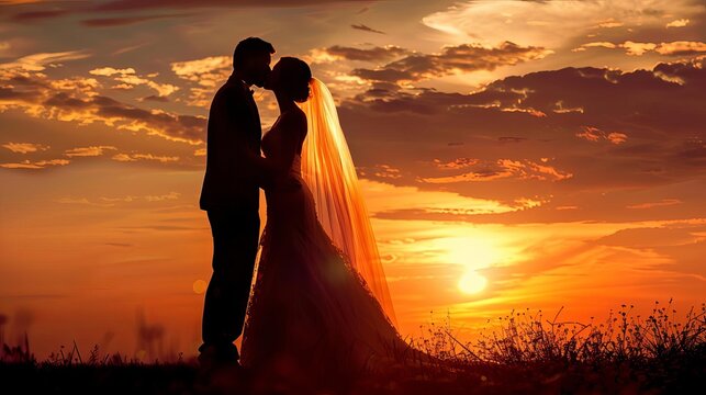 romantic bride and groom kissing at sunset wedding silhouette photo