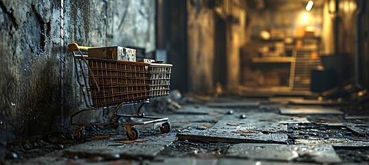 Urban Relic: A Lonely Shopping Cart with a Vanished Wheel, Left to Rust Amidst a Colorful Tapestry of Graffiti in an Abandoned Alleyway - obrazy, fototapety, plakaty