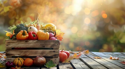 rustic wooden crate overflowing with fresh autumn harvest vegetables farmtotable concept with blurred countryside backdrop - obrazy, fototapety, plakaty