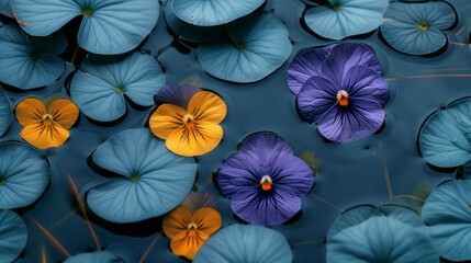 Fototapeta na wymiar A collection of purple and yellow blooms bobbing atop a tranquil waterbody, adorned with lily pads below