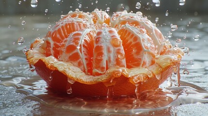   A tight shot of a grapefruit submerged in water, adorned with droplets atop its surface