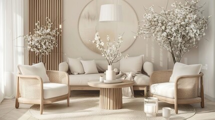 scandinavian living room interior with elegant decor and fresh flowers stylish nordic home design in beige tones 3d rendering
