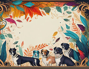 Illustrated Border of Dogs and Foliage in Teal, Brown, Rust, Gold AI