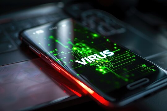Mobile phone on a table with glowing text "VIRUS" on display.  - Powered by Adobe