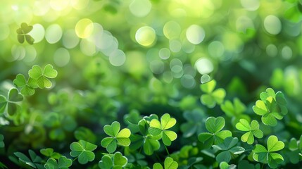 seamless st patricks day background with blurred fourleaf clover leaves on vibrant green - obrazy, fototapety, plakaty