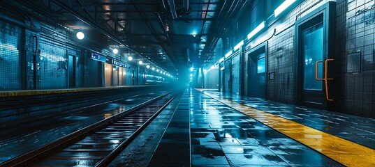 Exploring the Haunting Beauty of a Forgotten Subway Platform: Dimly Lit Corridors, Flickering Lights, and Echoes of the Past Beckon Exploration and Reflection - obrazy, fototapety, plakaty