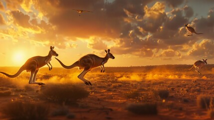 Australian Outback Sunset with Kangaroos Hopping