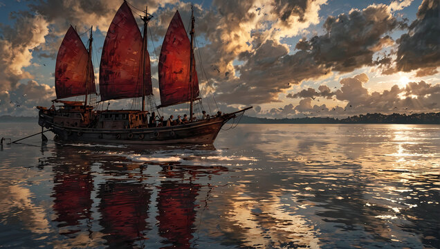 rough painting illustration of decrepit old Chinese junk sailing ship with colorful painted sails in strange sea on a bright partly cloudy day