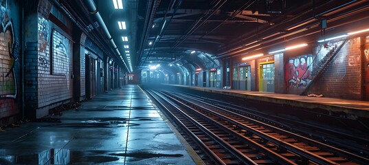 Exploring the Haunting Beauty of a Forgotten Subway Platform: Dimly Lit Corridors, Flickering Lights, and Echoes of the Past Beckon Exploration and Reflection - obrazy, fototapety, plakaty