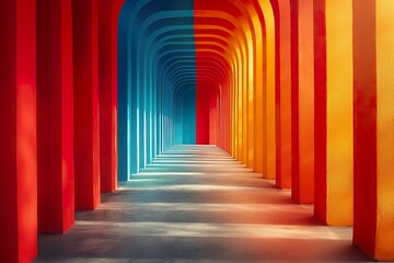 A minimalist hallway featuring striking red and blue columns stretching into the distance.