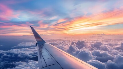 serene sunset skies aerial window seat view of horizon and clouds - obrazy, fototapety, plakaty