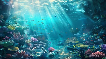Fototapeta na wymiar serene underwater scene with coral reefs tropical fish and sunbeams digital painting