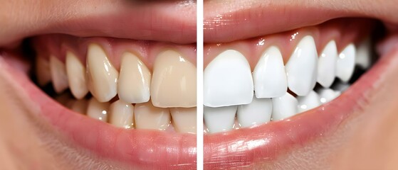 Smile Transformation: Pre and Post Teeth Whitening Comparison. Concept Teeth Whitening Before and After, Smile Makeover, Dental Transformations, Brighter Smile, Oral Care - obrazy, fototapety, plakaty