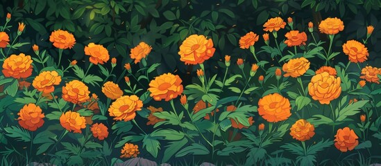 Artistic depiction of vibrant orange flowers blooming in a scenic field environment