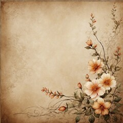 Vintage aesthetic permeates image, where cluster of delicate flowers, buds gracefully ascend from bottom right corner, their soft petals, green leaves contrasting against textured.