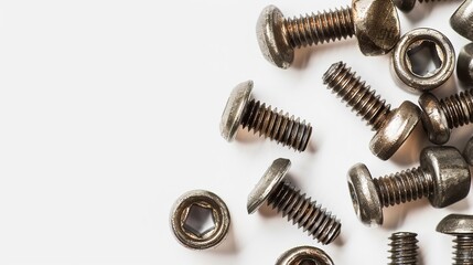 Metal screw heads in top view against a white background. isolated rivets.  - obrazy, fototapety, plakaty