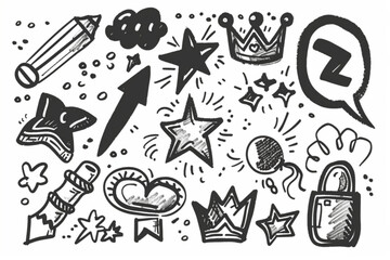 Charcoal pen liner doodle texture elements, crown, emphasis arrow, speech bubble, scribble. Handdrawn cute cartoon pencil sketches of decorative icons. Vector illustration of fire, highlight, explosio