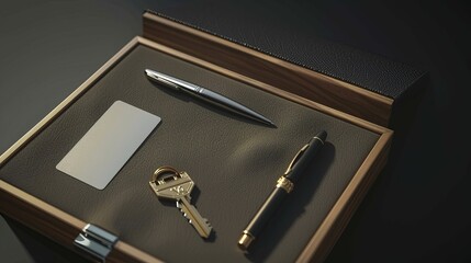 Visitor card holder, pen and key chain gift set box, three-dimensional illustration