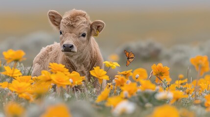 Naklejka premium A baby cow gazes at the camera in a sunlit field, adorned with yellow flowers A butterfly perches delicately on its ear
