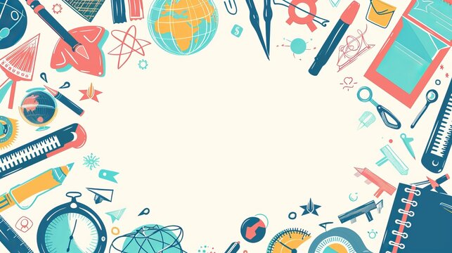 Vector frame/border for education in schools featuring a globe, pencils, rulers, right angles, apples, classroom supplies, icons, and space for your text.