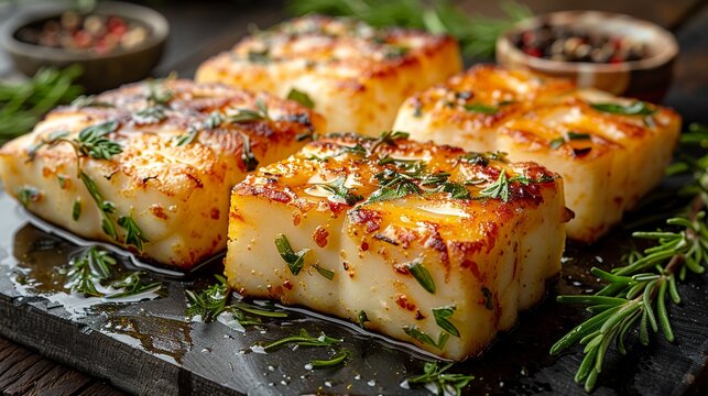 Close-up of halloumi cheese with a golden, firm texture and grill marks. Halloumi cheese with a smoky flavor that awakens your appetite.