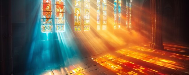 A detailed shot of sunlight filtering through a church window, with a clean, isolated background for text, vibrant