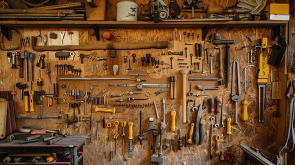 Fototapeta na wymiar wall in the workshop displaying numerous tools